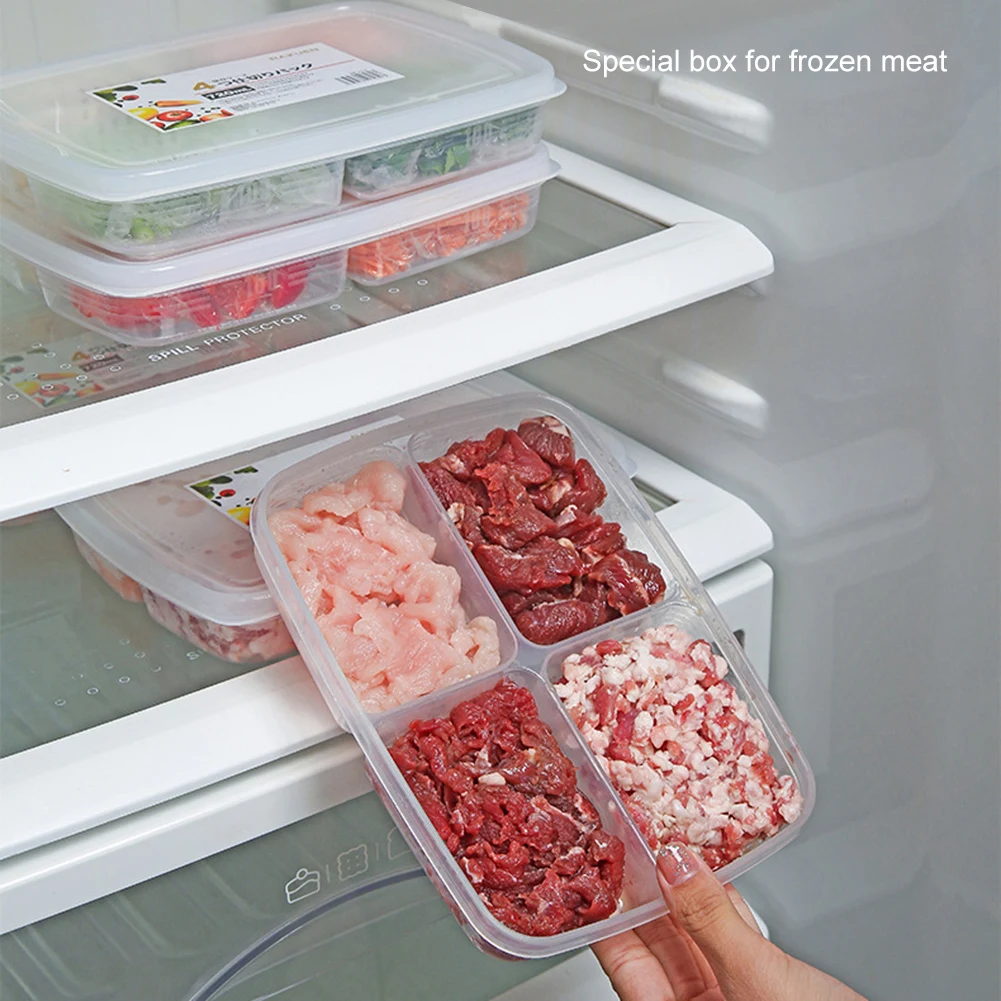 

Kitchen Storage Box 4-Grids Food Preparation Storage Box Refrigerator Keep Fresh Box Sub-Packed Meat Onion Ginger Dishes Crisper