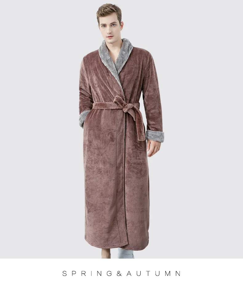 Autumn Winter Long Couple's Dressing Gown Warm Flannel Bath Belt Robes Night Sleepwear Women Men Kimono Turn Down Collar