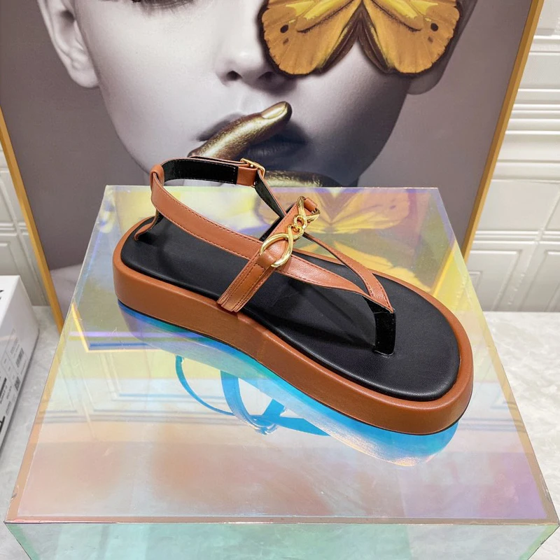 

Donna-in 2022 New Summer Vacation Sandals Women Brown Genuine Leather Slim Strap Wedge Platform Female Shoes Casual Pinch Toe