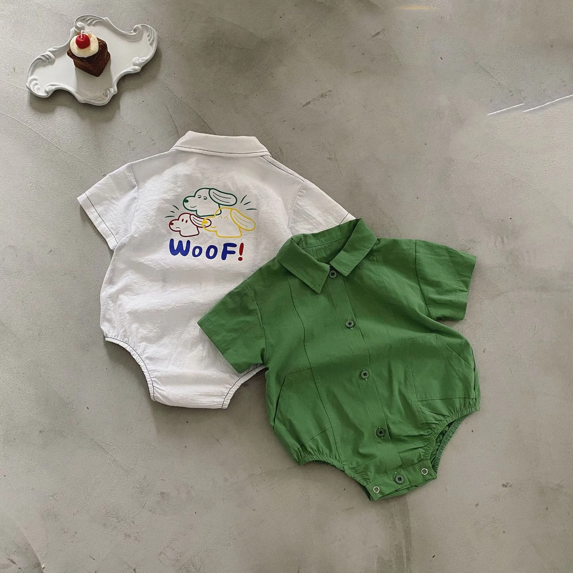 

Boy Fashion Turndown Collar Single-breasted Short Sleeves Jumpsuit Kid Girl Cartoon Dog Cotton Bodysuit One Piece Kid Clothes