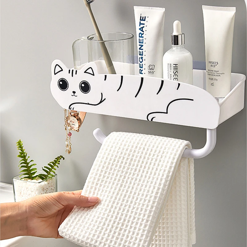 

Shower Accessory Rack Storage Organizer Rack Punch-free With Hooks Shelf Bathroom Kawaii Shampoo Storage Cat Bathroom Storage