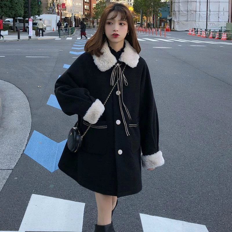 

Women's Winter New Fashion Sweet and Cute New 2021 Wool Blended Jacket Bowknot Fur Collar Warm Thickening Long Sleeve Women