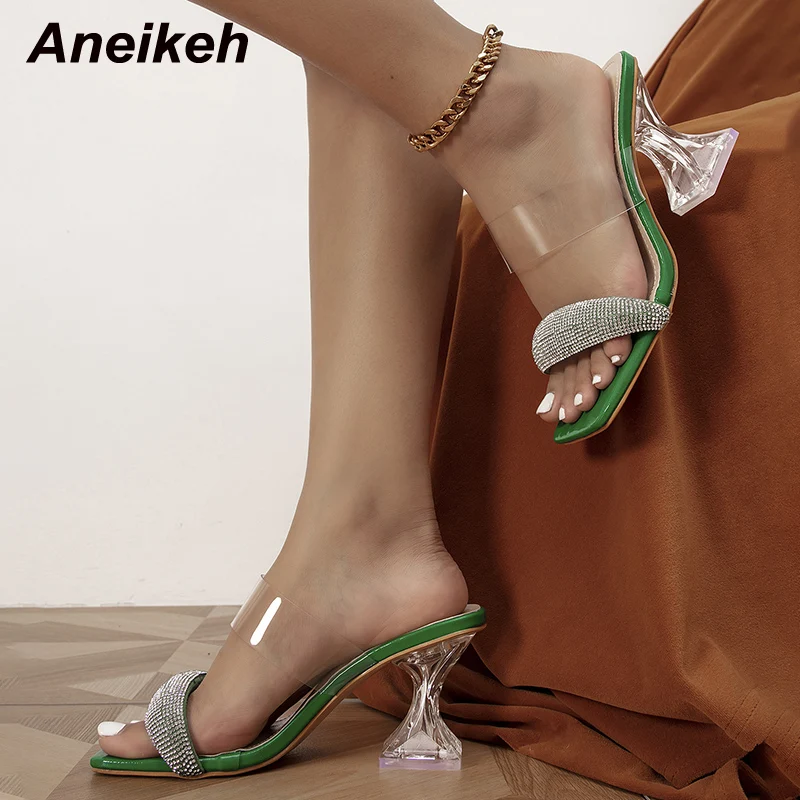 

Aneikeh Fashion 2022 Summer Square Toe Bling Chain Sexy Beach Mules Slippers Women Shoes NEW Party Spike Heels Polka Dot Slides