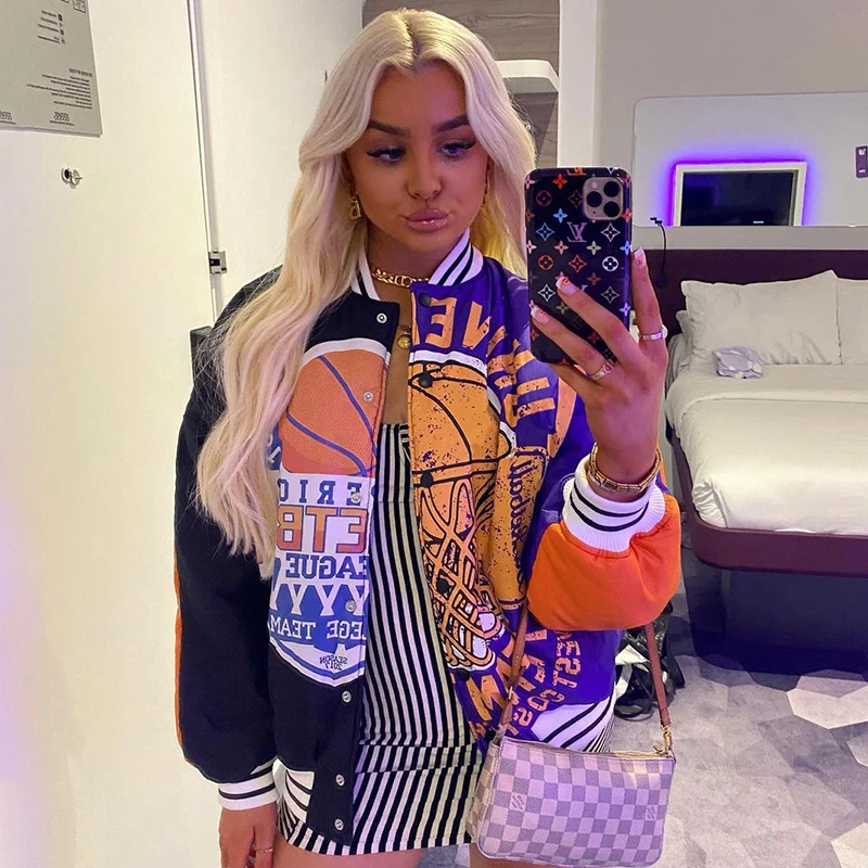 

Y2K Long Sleeve Jackets Contrast Color Splicing Letter Print Stand Collar Baseball Top Single-breasted Women Coat