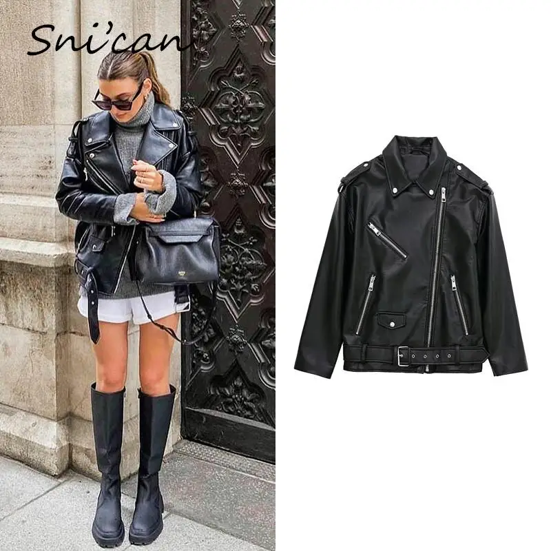 Куртка из искусственной кожи черная, Модный укороченный топ с поясом, повседневное свободное мотоциклетное пальто из искусственной кожи, в...