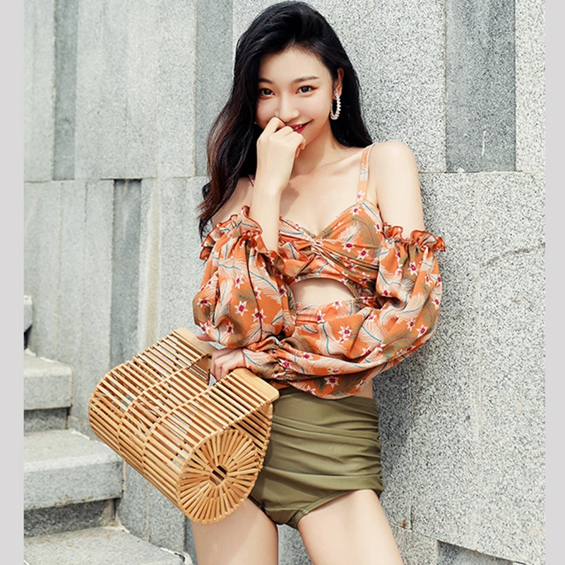 

Orange Hawaii Couple Swimsuit Vacation Honeymoon Couple Dressing Sexy Split 3 Piece Swimwear Beach Shorts Men Swimming Trunks