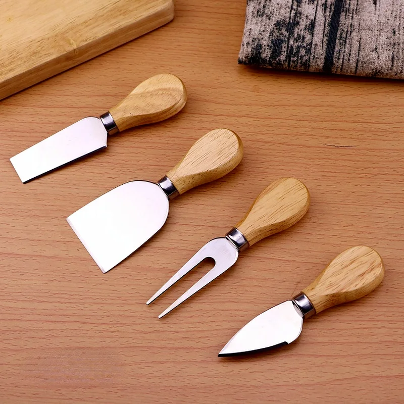 

4pcs/set Stainless Steel Cheese Knives Oak Handle Cheese Cutter Cheese Board Butter Spatula Kitchen Cheese Tools