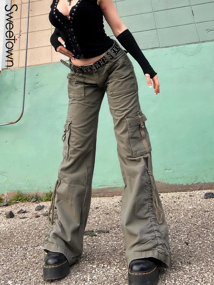 Sweetown yan büzgü Vintage rahat düşük bel kot pantolon cepler Patchwork Streetwear kargo kot kadın 90s estetik dipleri