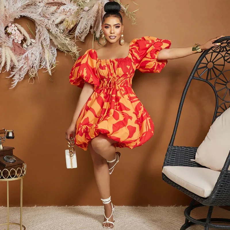 

Znaiml Sexy Off the Shoulder Slash Neck A-line Dresses Women Elegant Puff Sleeve Drawstring Waist Party Night Club Birthday Robe
