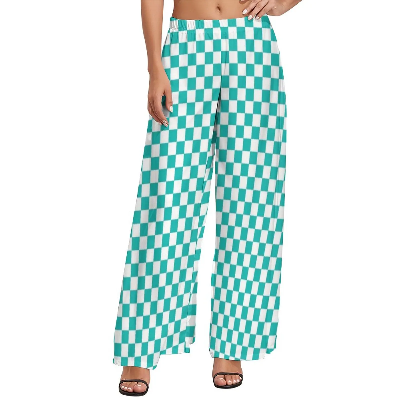 

Aqua Checkerboard Pants Elastic High Waist Green White Squares Trendy Trousers Beach Graphic Wide Leg Pants