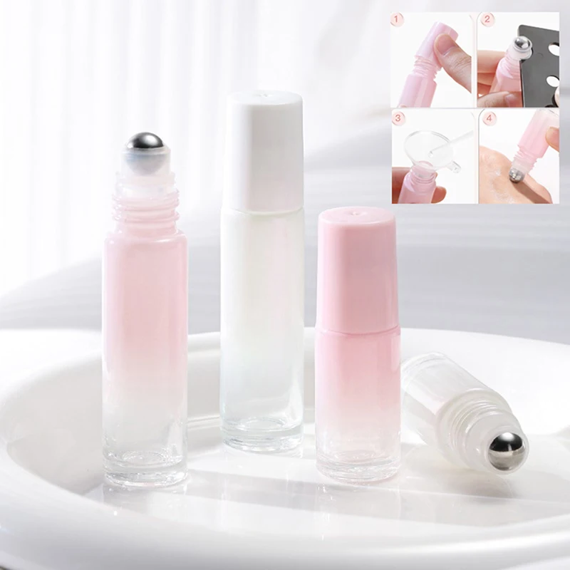 3PCS 10ml Pink Color Thick Glass Roll On Essential Oil Empty Perfume Bottle Roller Ball Bottle For Travel