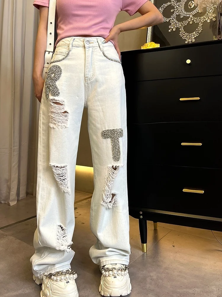 

Тяжелые Промышленные джинсовые брюки, рваные джинсы для женщин, лето 2023, свободные широкие прямые брюки