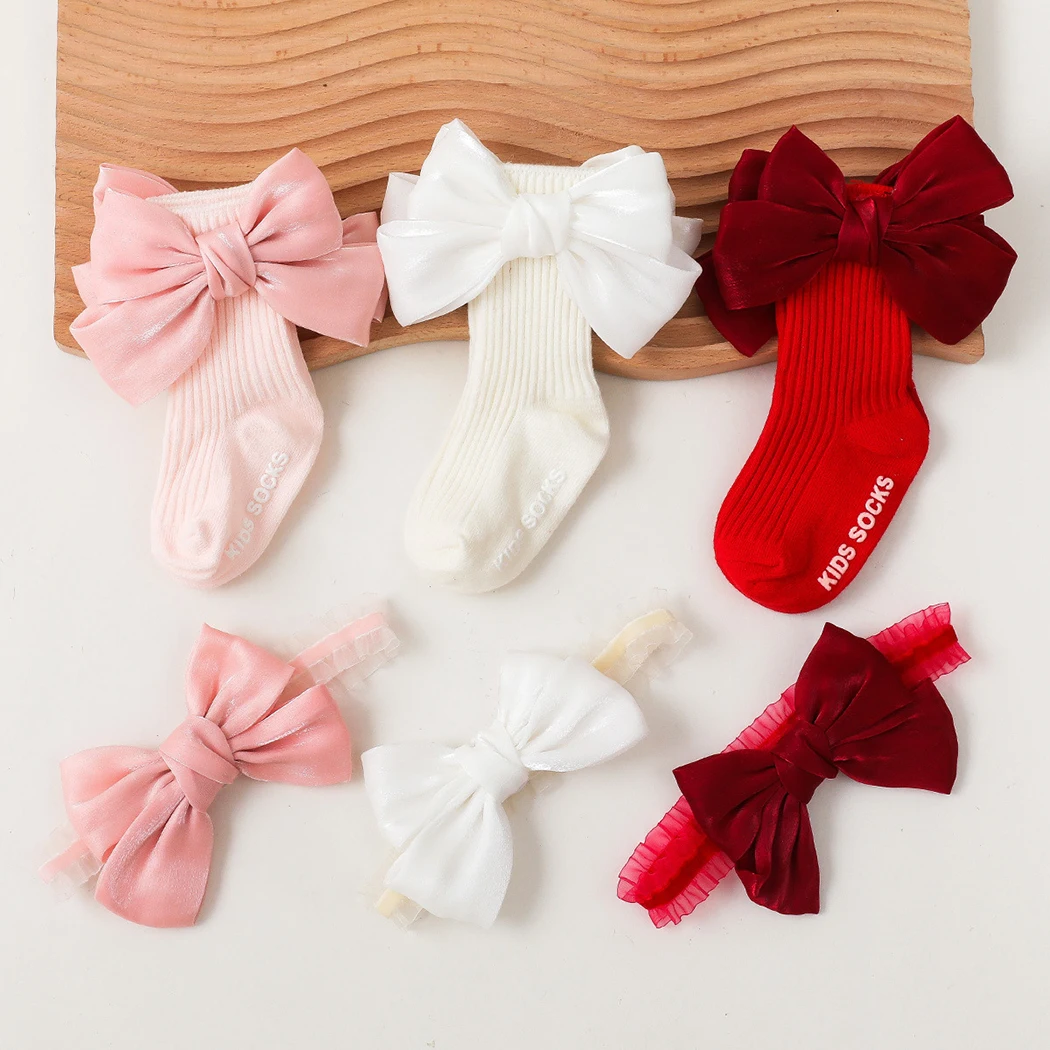 

Cute Satin Bow Baby Girls Headband Socks Set Korean Princess Kids Anti-Slip Socks for Newborn Baby Soft Breathable Ankle Socks