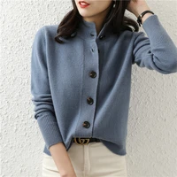 22 spring and autumn new half turtleneck solid color 100 pure wool knitted cardigan womens loose stand up collar sweater coat