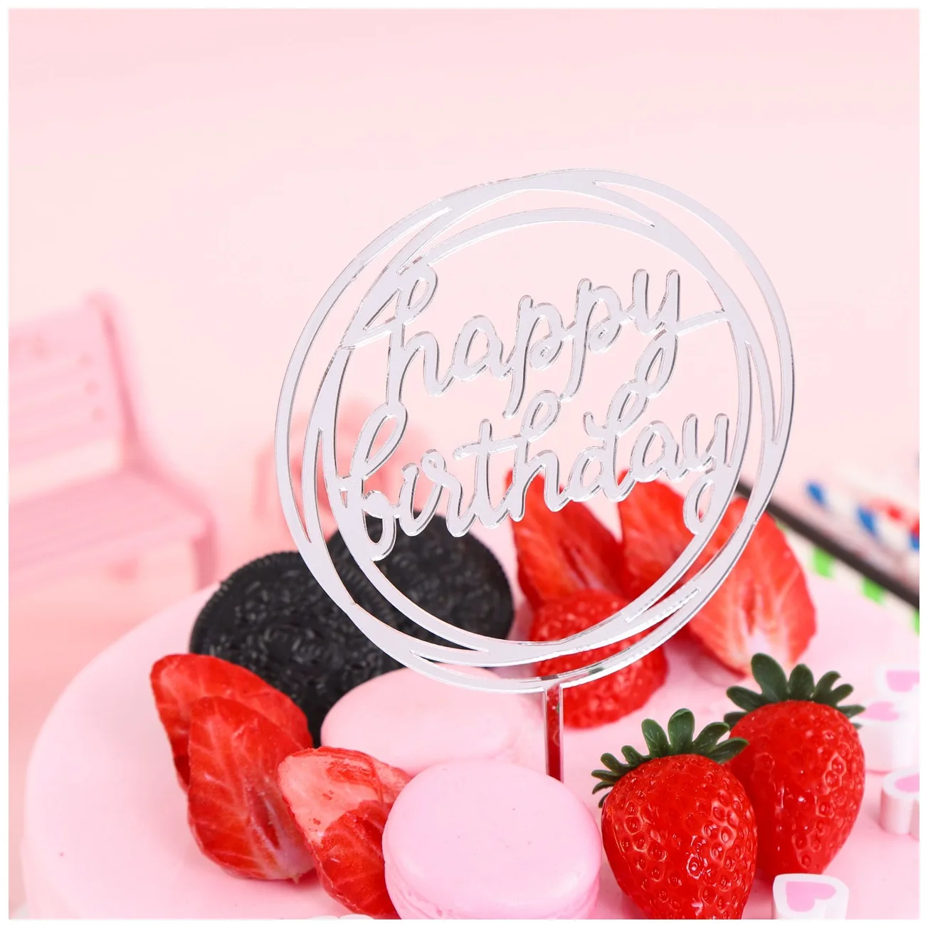 

Cake Decoration Acrylic Double-Sided Mirror Cake Inserting Card Cake Decorative Planting Flags Baking Happy Birthday Insertion