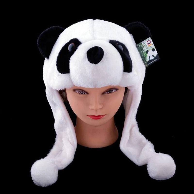 

Adult Kids Cartoon Plush Panda Animal Beanie Hat With Pom Pom Ends Long Straps Thermal Warm Funny Stuffed Toy Earflap Cap