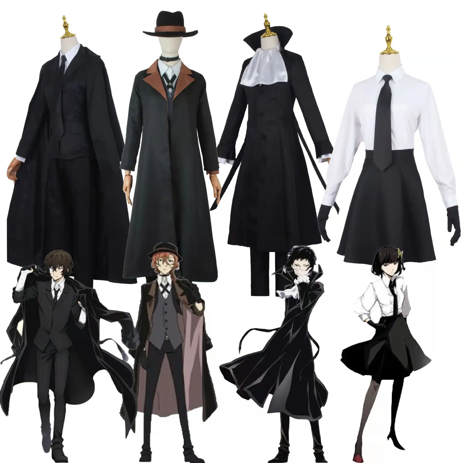 

Anime Bungou Stray Dogs Cosplay Costume Nakahara Chuuya Dazai Osamu Akiko Yosano Ryunosuke Akutagawa Set Outfit Halloween Wigs