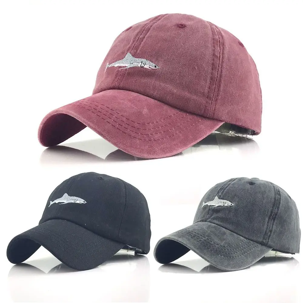 

Shark Embroidery Baseball Caps Vintage Curved Strapback Sunshade Trucker Caps Washed Cotton Adjustable Snapback Hat Fish