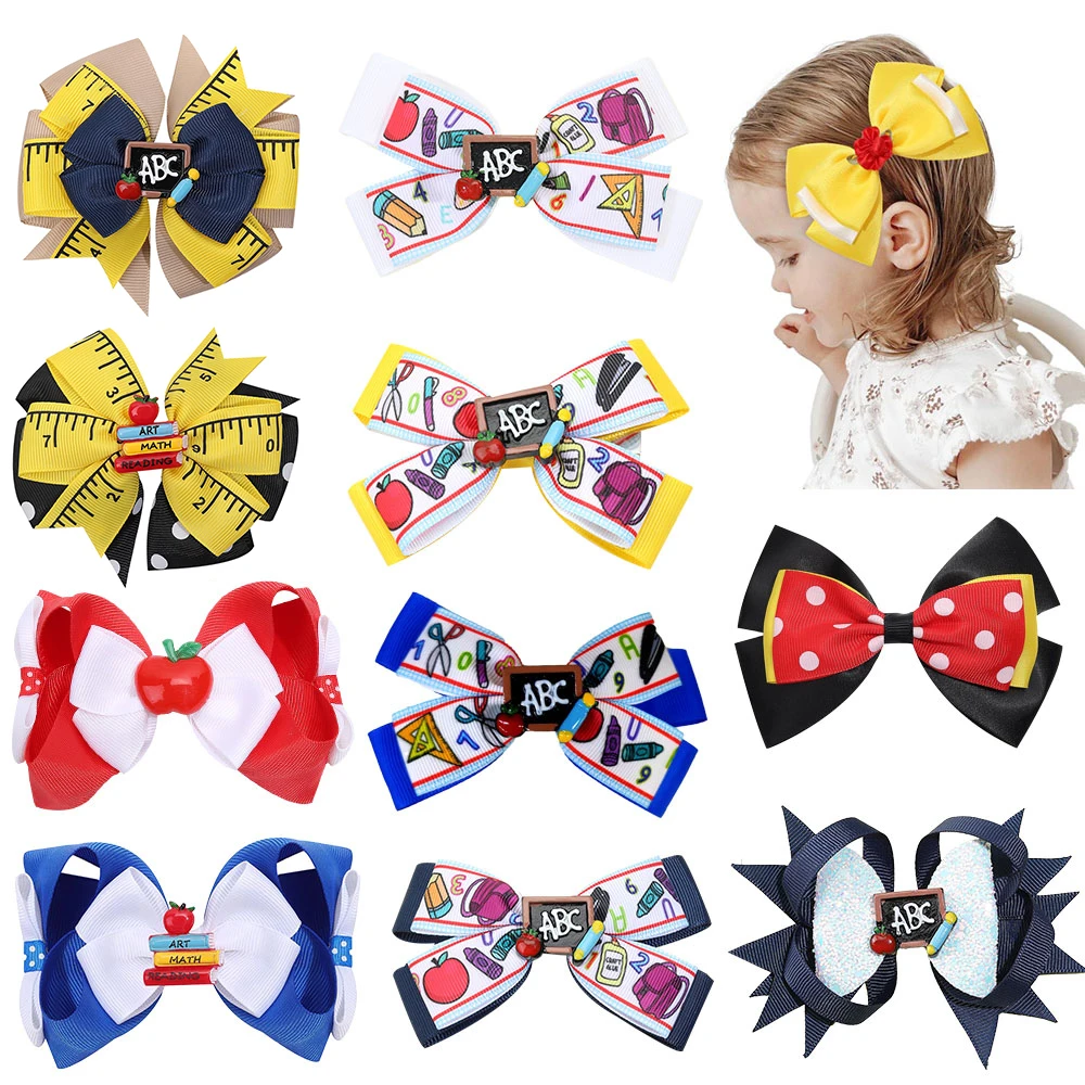 

ncmama Back To School Hair Bows with Clips Sweet Girl Handmade Bowknote Hairpin Barrettes Kids Headwear Boutique Hair Accessorie