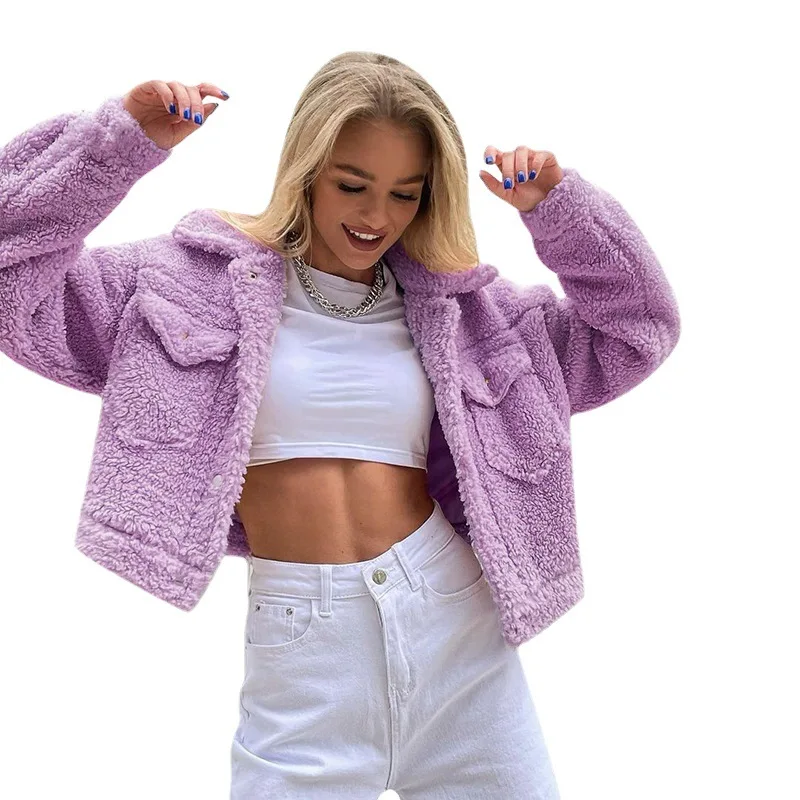 Winter Clothes Women Autumn and Winter Lamb Wool Women's Short Coat Fashion All Wear Warm Temperament Cardigan Round Neck Top