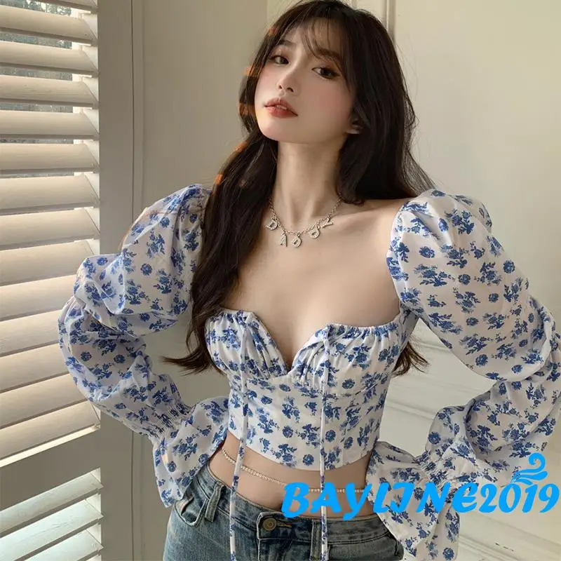 

BAY-Women Long Sleeve Lace-up Tops Stylish Square Collar Print Blouse Crop Top for Ladies