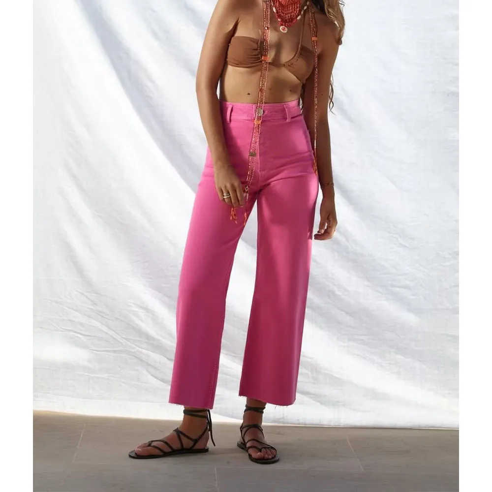 

Женские широкие джинсы с завышенной талией, розовые джинсы с широкими штанинами, лето 2022