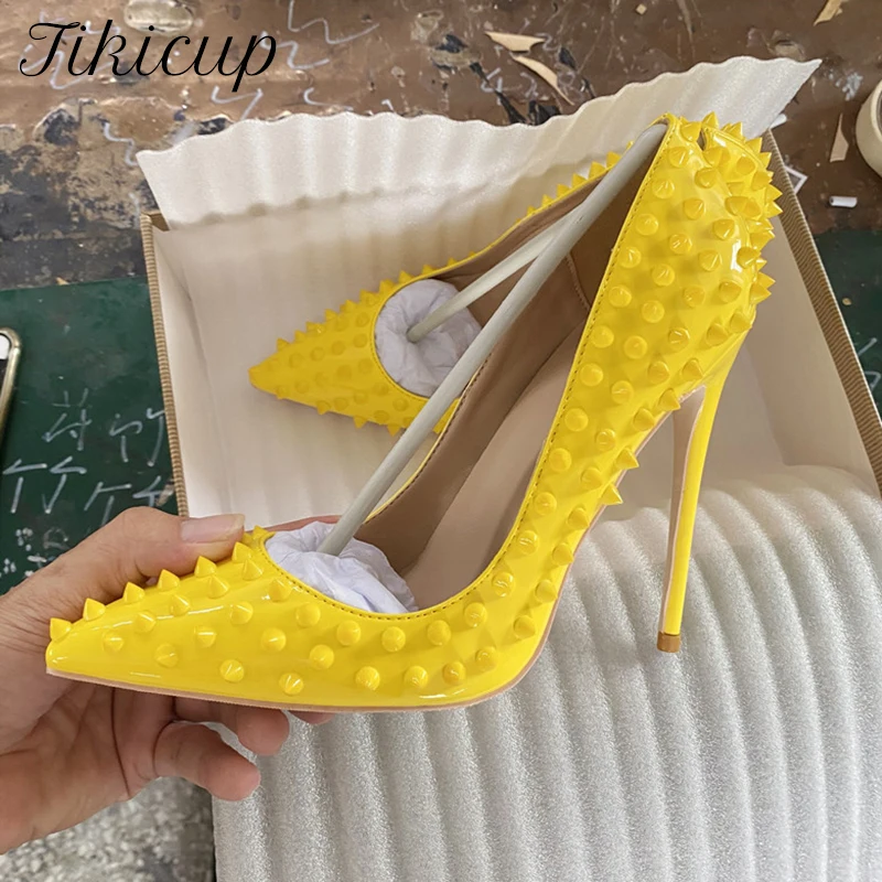 

Tikicup Yellow All Spikes Rivets Pointed Toe Women'S Shoes High Heels Slip On Pumps Sexy Ladies Party Shoes 12cm 10cm 8cm