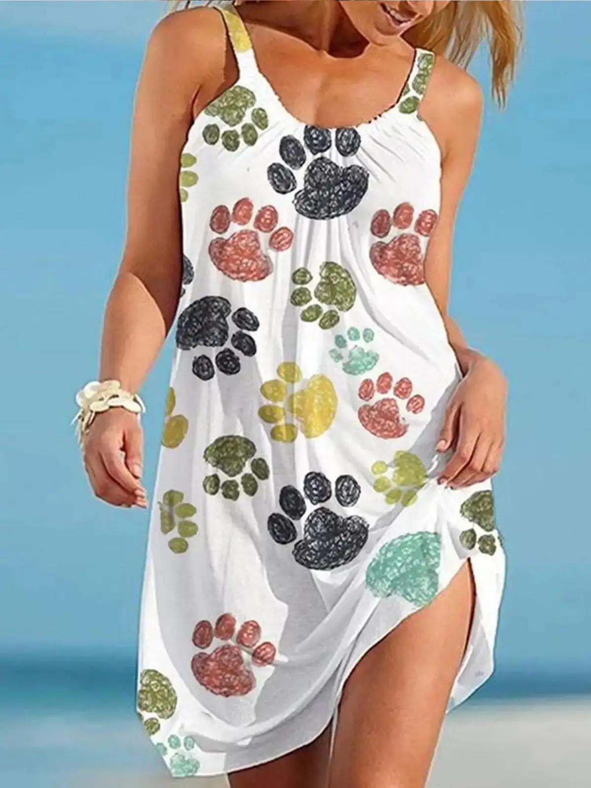 

Women's Casual Dog Paw Print Suspender Beach Dress Sleeveless Summer Vacation Round Neck Female Fashion A-Line Mini Dress 2023