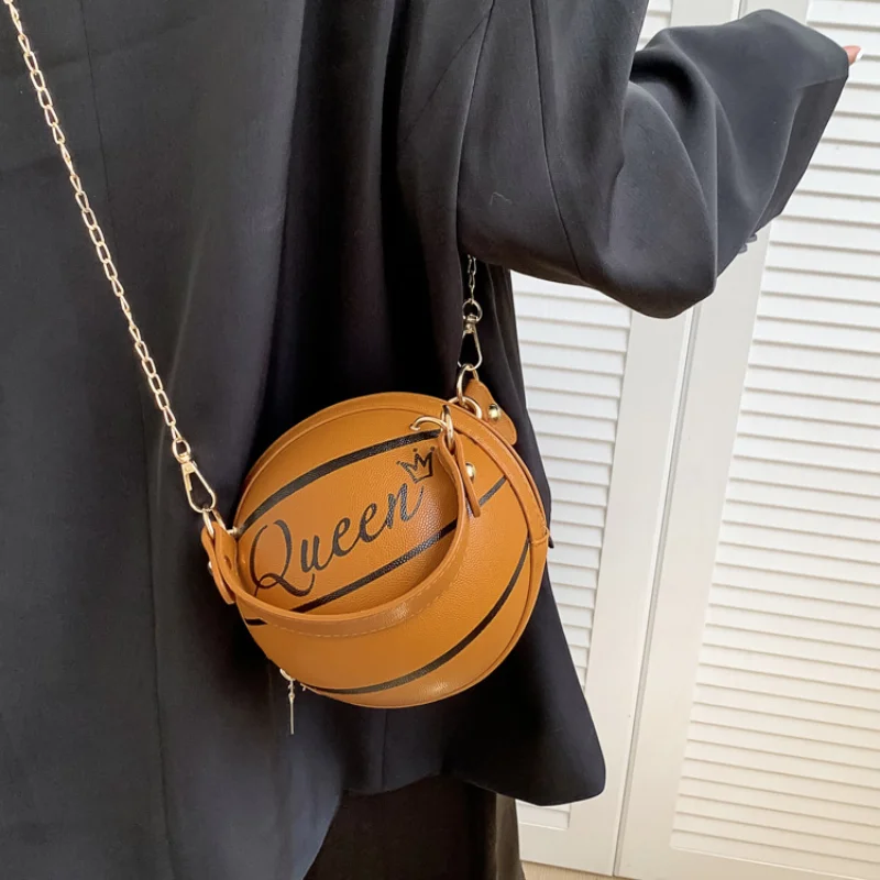 Basketball Round Women's Shoulder Bag 2023 Trend Personality Cartoon Small Handbag Leather Letter Printed Unique Cute Female Bag