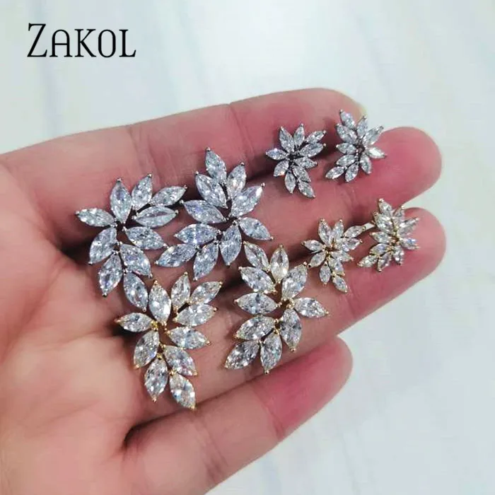 ZAKOL повседневные серьги в форме листа с кубическим цирконием набор украшений для