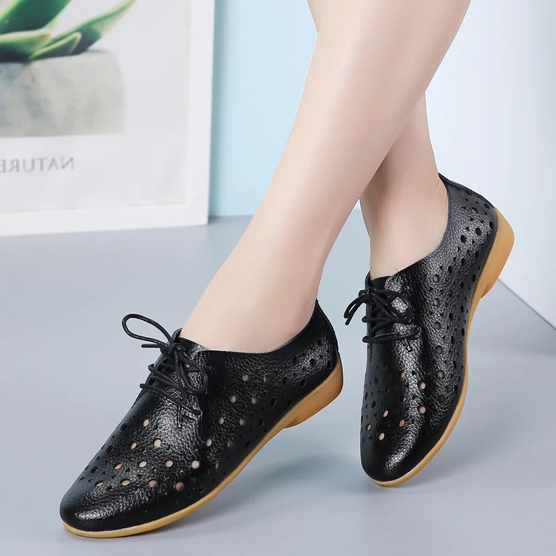 

New leather white shoes women's flat hollow women's single shoes pointed toe soft bottom breathable shoes zapatillas mujer