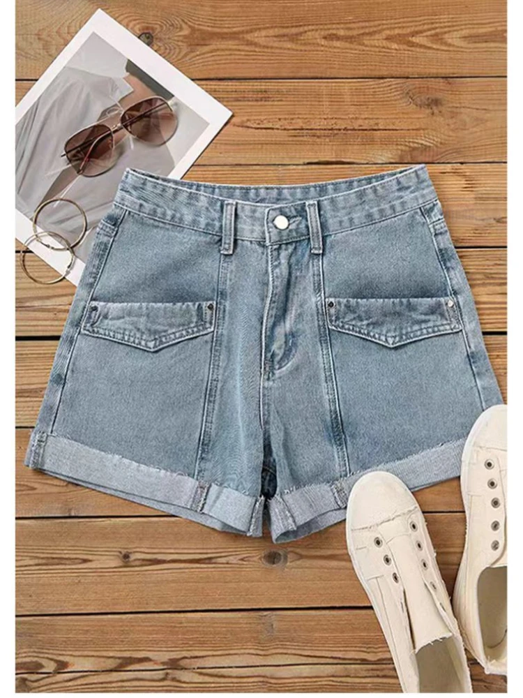 Shorts for Women 2023 Summer Fashion Splice Flip Hem Denim Shorts Fashion High Waist Pocket Shorts Women Clothing Streetwear