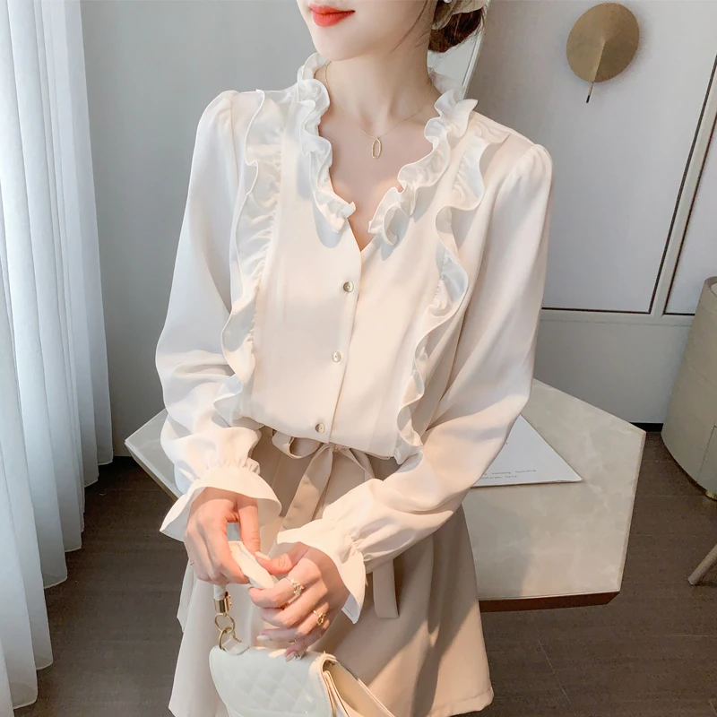 Женская шифоновая блузка с длинными рукавами-фонариками, элегантная белая Свободная блузка с оборками для офиса на весну и осень, 22392