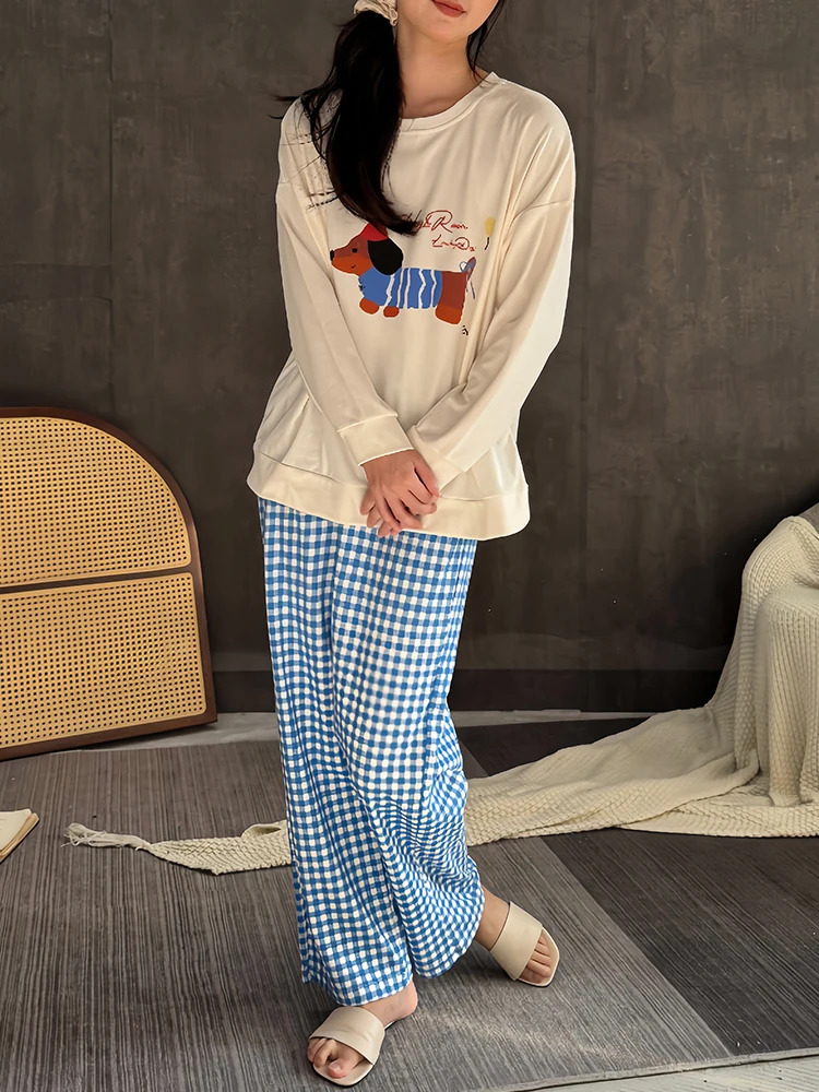2024 New Japan fashion Pajamas Women Spring and Autumn Pure Cotton Puppy Long sleeve Plaid Pants Can Be Worn outside Homewear...
