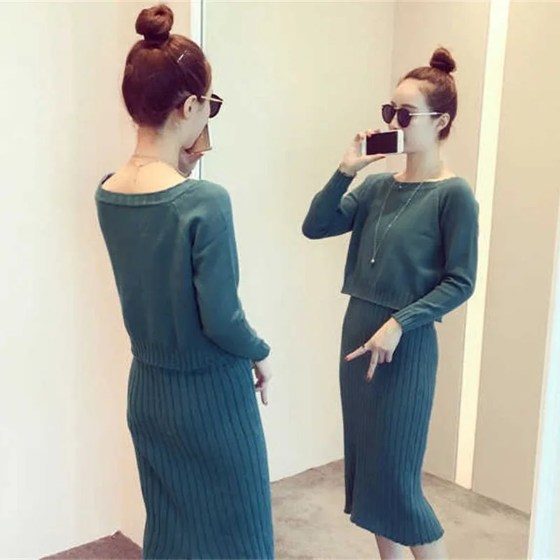 Корейский женский комплект из двух предметов Vestidos джемпер вязаное платье