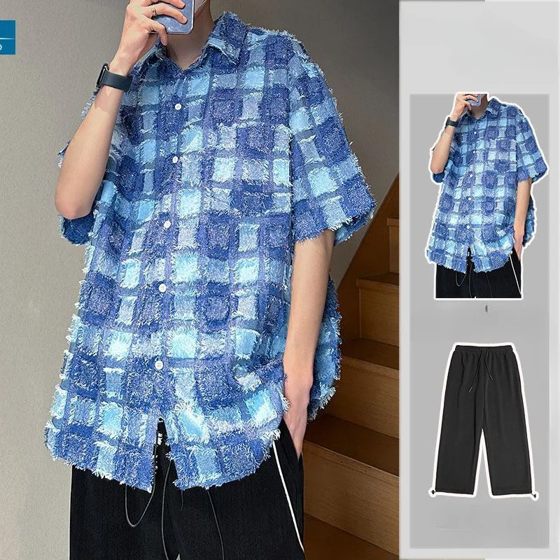 Мужской комплект из рубашки и шортов, комплект из 2 предметов большого размера с короткими рукавами, клетчатая рубашка и брюки с нашивкой в Корейском стиле BS96, лето 2022