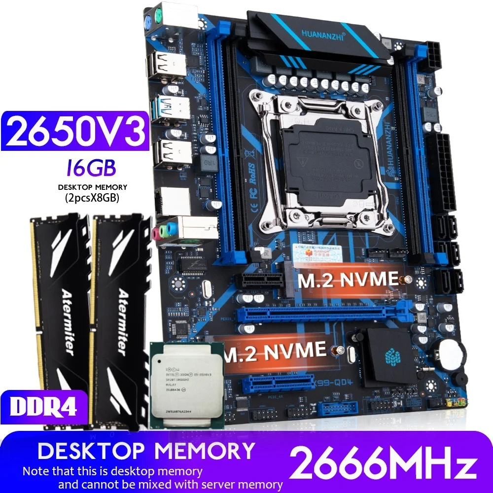 

Материнская плата HUANANZHI X99 QD4 X99 с комплектом комплектов, XEON E5 2650 V3 16 Гб 2666 МГц (2*8 ГБ) DDR4, память для настольного компьютера, NVME NGFF USB 3,0