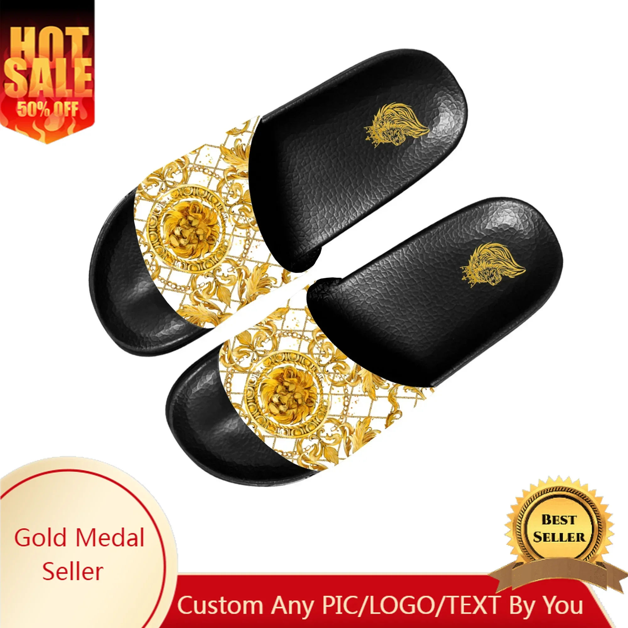 Кружевные тапочки с золотой головой льва домашняя обувь для воды мужские и