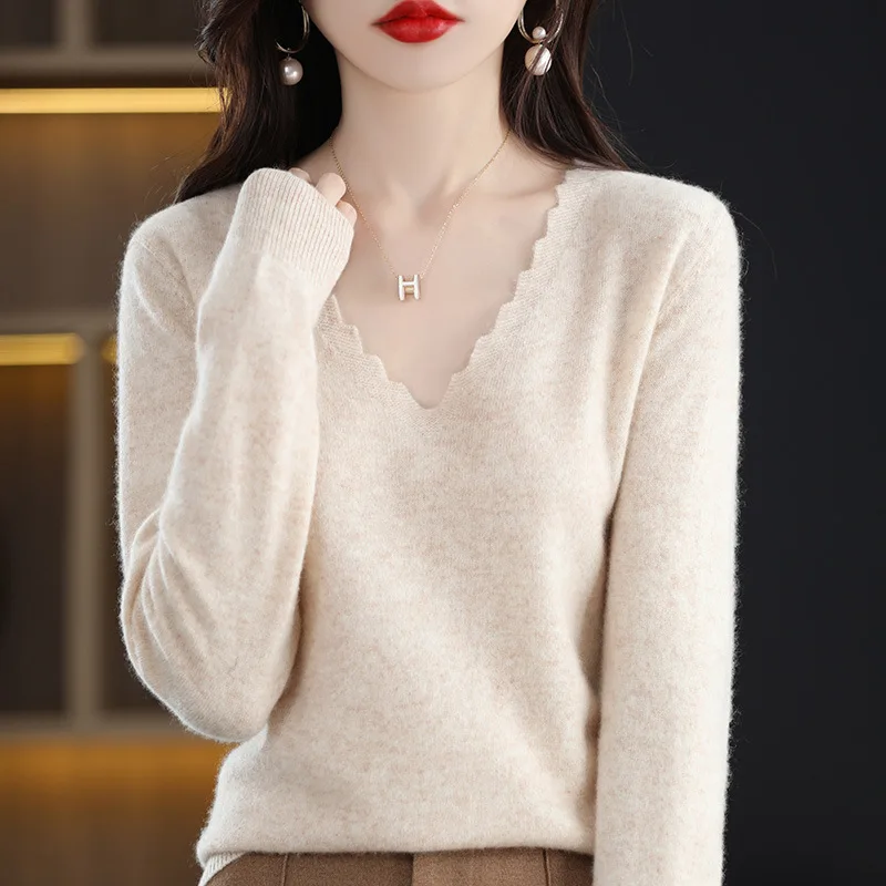 

Женский кашемировый свитер, повседневный однотонный пуловер оверсайз с V-образным вырезом и оборками, трикотажная верхняя одежда