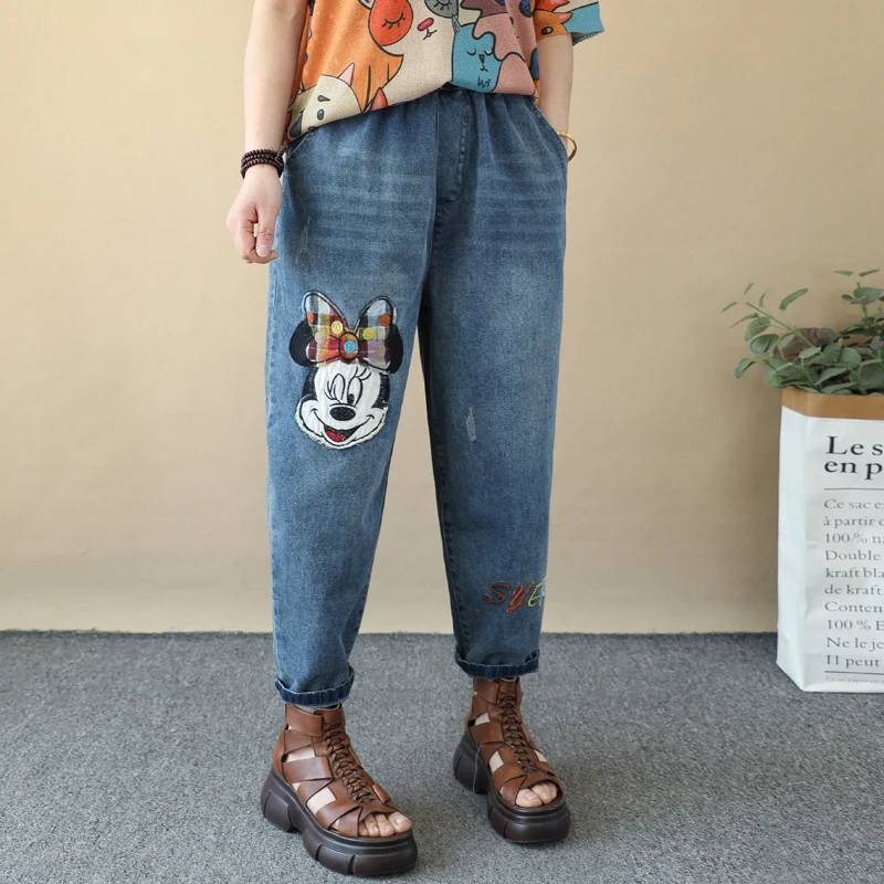 New Cartoon Paste Cloth Embroidery Cropped New Jeans Women's Loose One Size Curling Cropped Harlan Summer Baggy Pants Streetwear