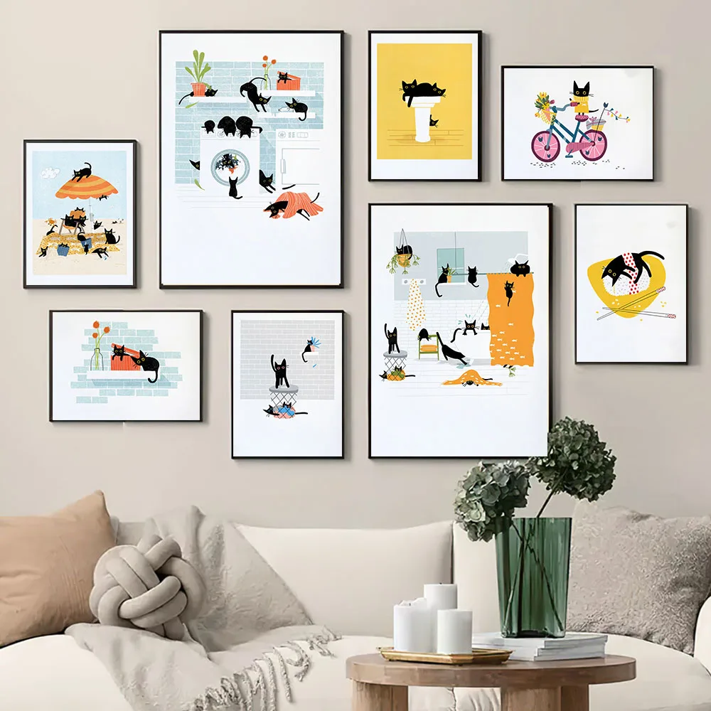 

Black Cat Nigel On His Bicycle Wall Art Canvas Painting Nordic Poster And Prints Sushi Wall Pictures For Laundry Room Decoration