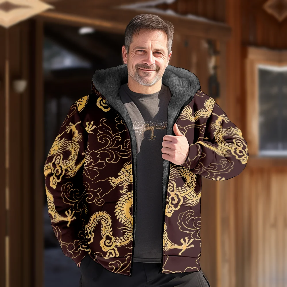 Мужские зимние куртки пальто винтажный узор дракона хлопковая одежда с
