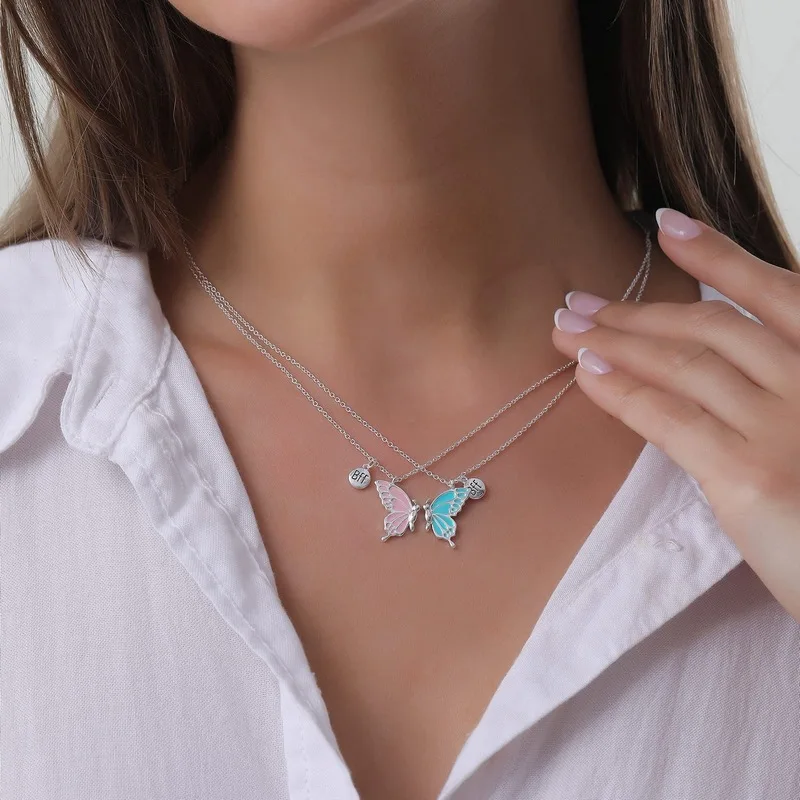 

2Pcs/Set Butterfly Necklace For Women Dripping Oil Butterfly Couple Pendant BFF Friendship Choker NecklaceJewelry Best Friends