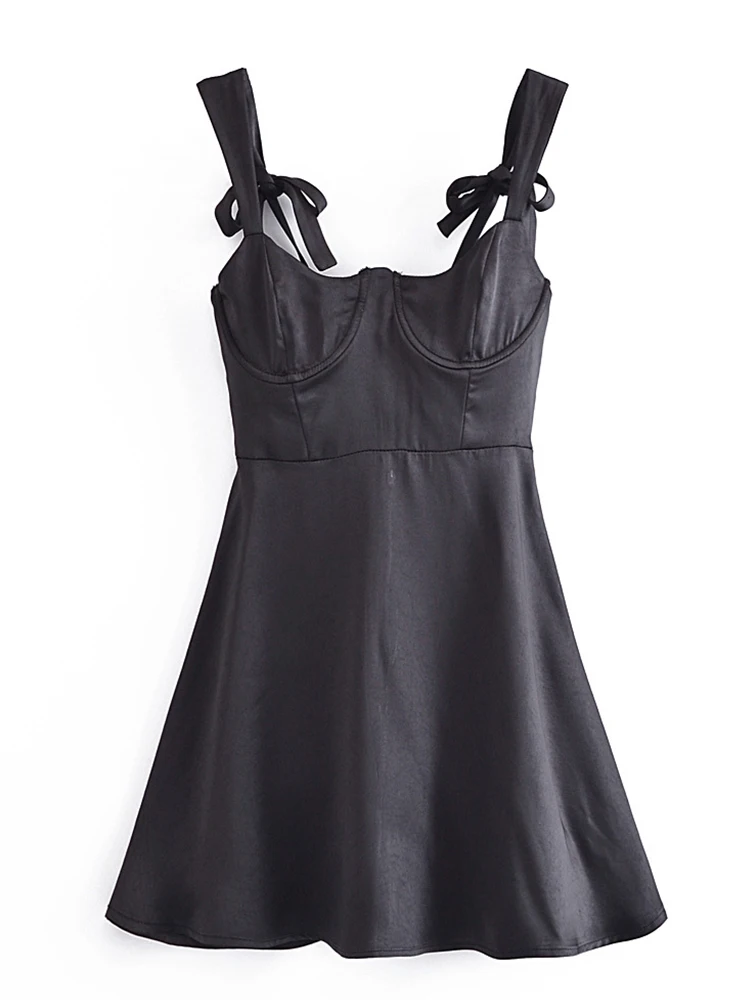 

YENKYE Summer Women Fashion Spaghetti Strap Lace Up Backless Sexy Dress Vintage Black Satin Club Party Dress Ladies Mini Robe