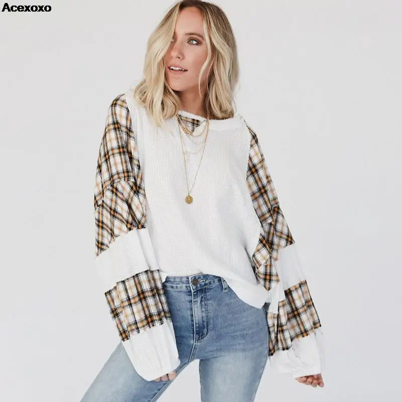 

2023 autumn new checked wool splicing fashion casual loose long-sleeved top