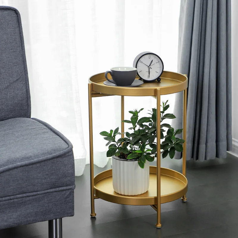 

Простой железный двухслойный маленький чайный столик в скандинавском стиле, углы круглого журнального столика, подставка для комнаты, боко...