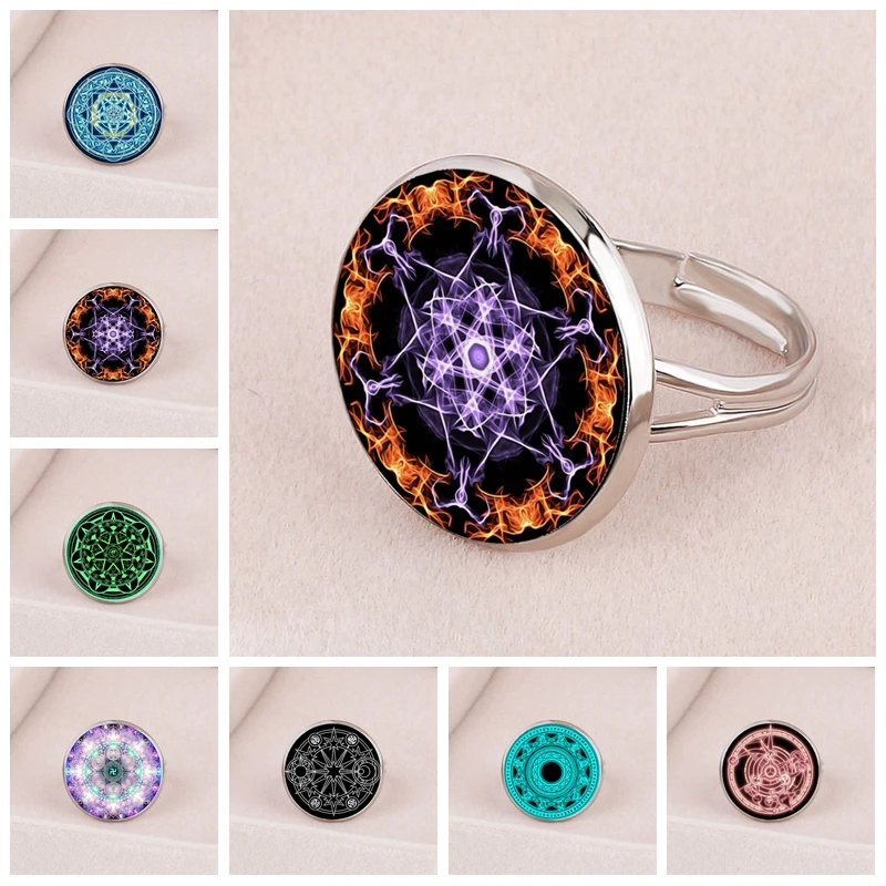 

Bohemian Fashion 18mm Glass Cabochon Open Ring Six-pointed Star Magic Circle Ring Men and Women Gift Jewelry