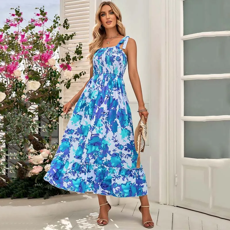 

Summer Women Sleeveless Floral Print Boho Elegant Evening Dresses Sexy Lace Up Ruffled Hem Beach Party Korean Maxi Long Dress