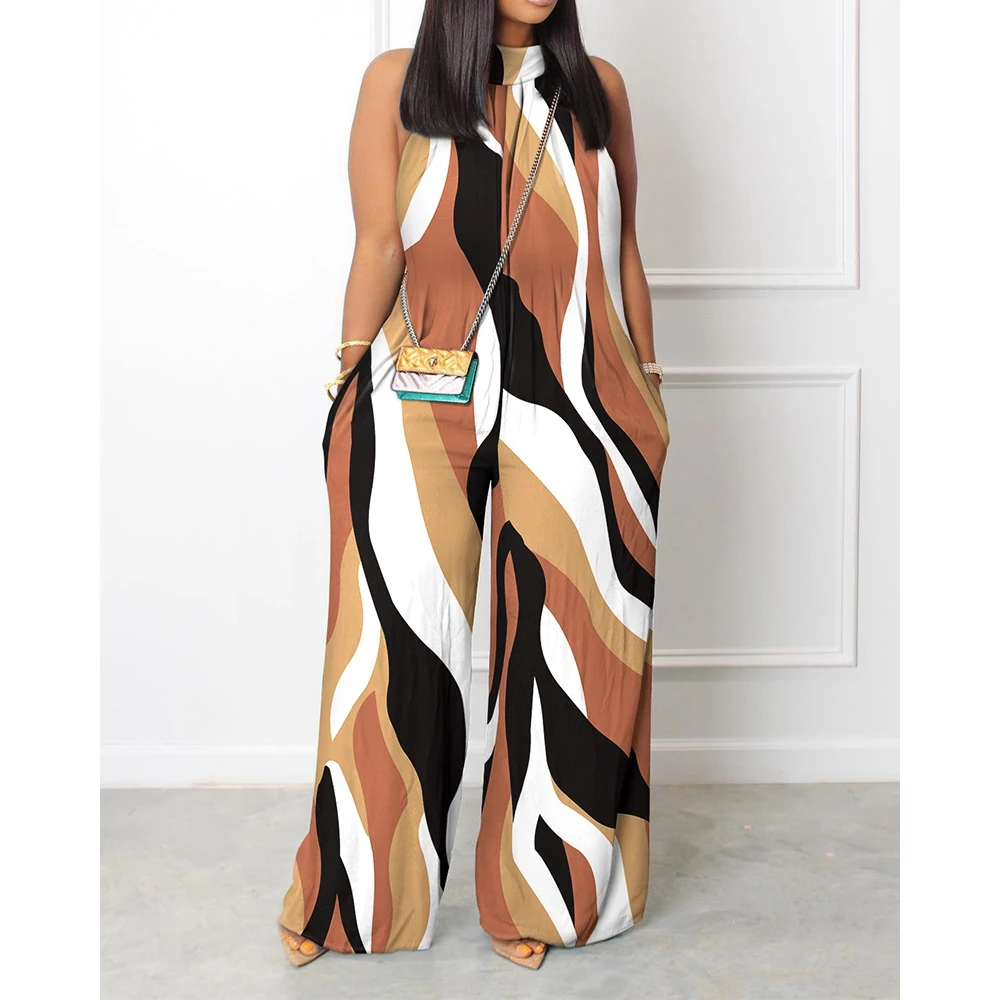 Women Summer All Over Geometric Print Pocket Design Wide Leg Jumpsuit Sleeveless Mock Neck Solid One-pieces Casual Outfits y2k