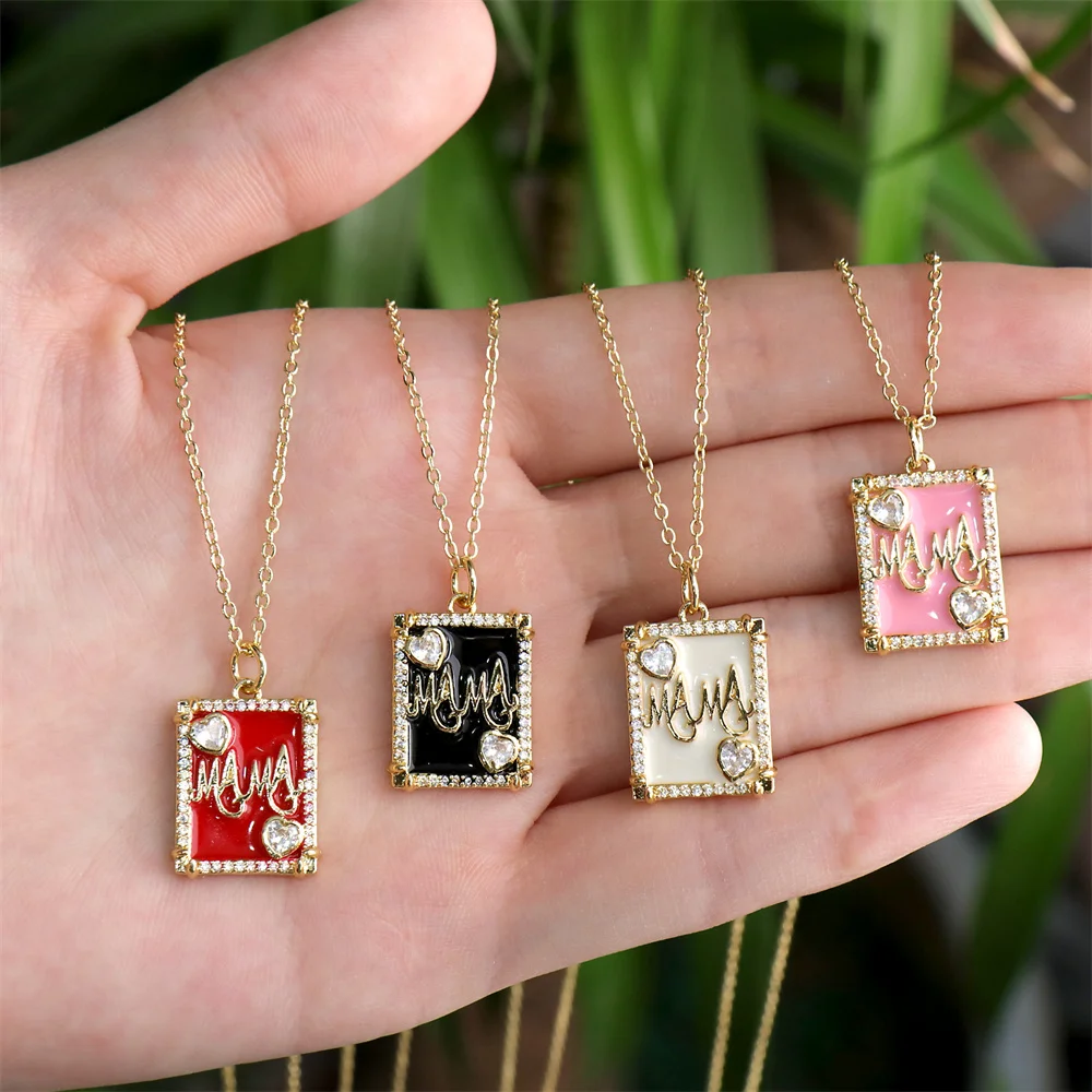 

High-quality Gold-plated Necklaces Square MAMA Letters Oil Dripping Pendant Luxury Heart Zircon Clavicle Chain For Women Jewelry